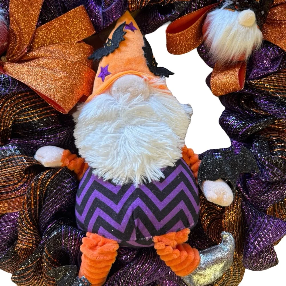 Halloween Mesh Wreath with Gnomes – Purple, Orange & Black Ribbon – 22″